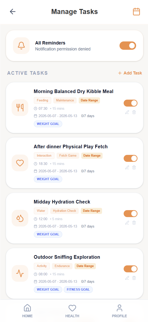 YoPaws Task Management — Smart daily reminders for feeding, play, hydration, and outdoor activities